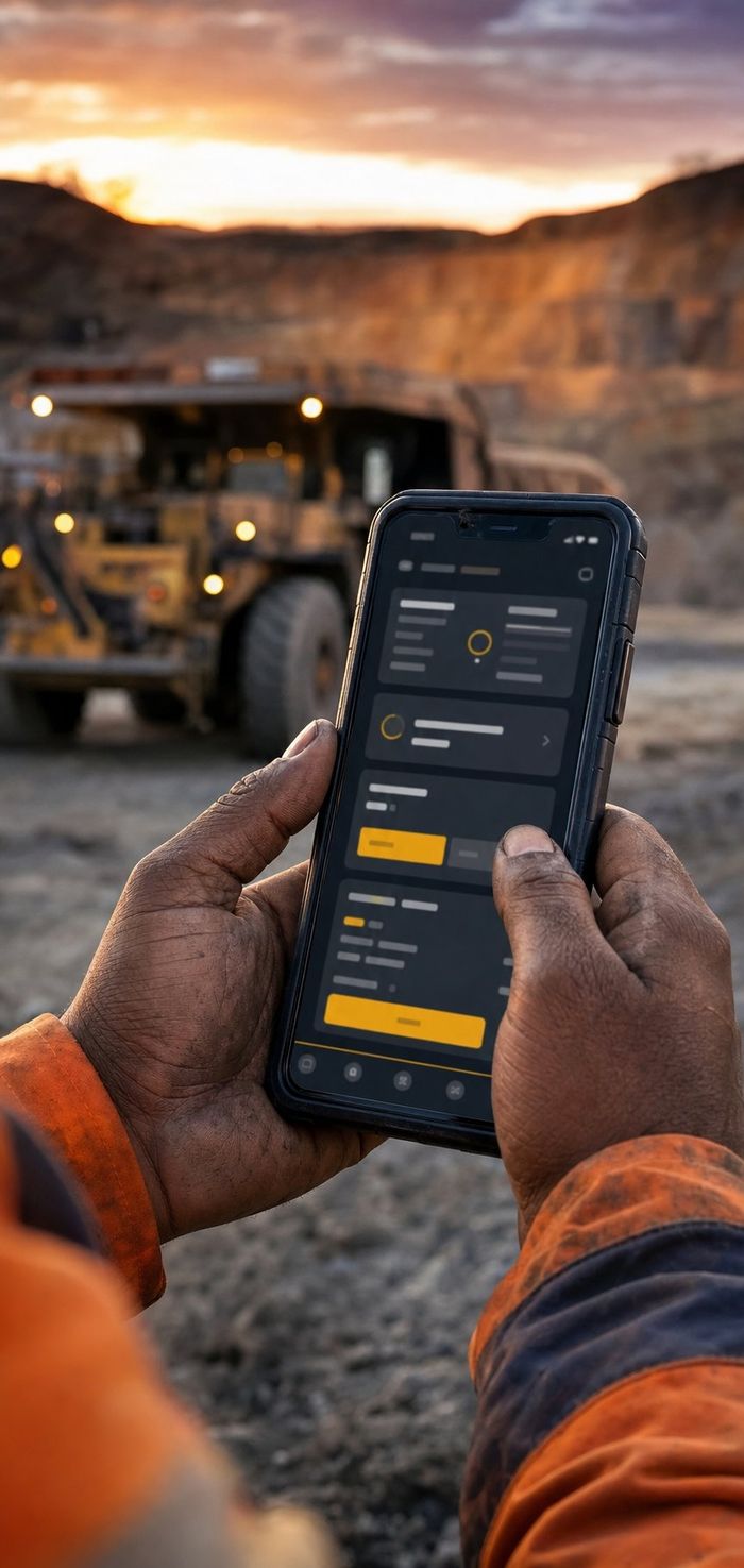 A field worker's hands holding a phone showing the SkillReady App, with a haul truck in the background at dusk.